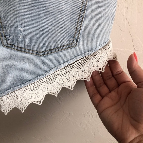 Free People Distressed Crochet Denim Shorts - Picture 8 of 13